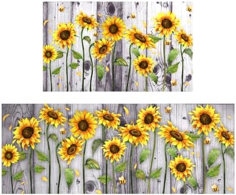 Wood Grain Sunflower Kitchen Rugs and Mats for Floor 2 Piece Sets, Sunflower Kitchen Mat and Gray Wood Grain Floor Rug for in Front of Sink for Standing for Kitchen Decor 17"X30"+17"X47"
