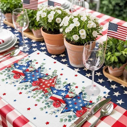 4th of July Placemats Set of 6, Patriotic Memorial Day Heat Resistant Washable Dining Table Mats Holiday Farmhouse Decor for Kitchen&Table Linens Outdoor Indoor,American Stars Summer Poppy Eucalyptus
