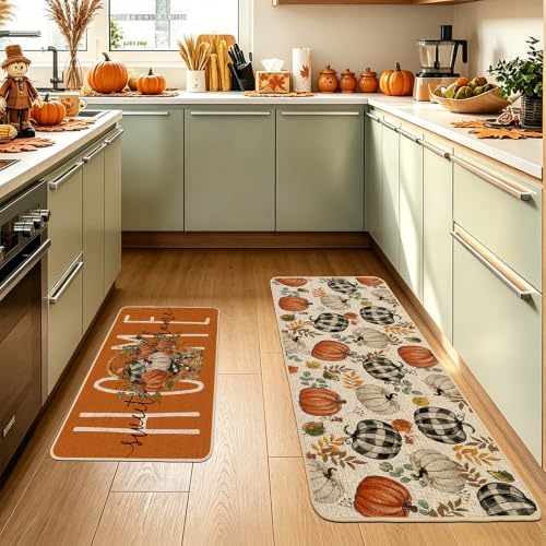 Baccessor Fall Pumpkin Basket Kitchen Rugs Set of 2,Thanksgiving Autumn Home Sweet Home Farmhouse Mat Washable Non Slip Low-Profile Indoor Floor Holiday Hallway Laundry Sink Decor 17x29 and 17x47 Inch