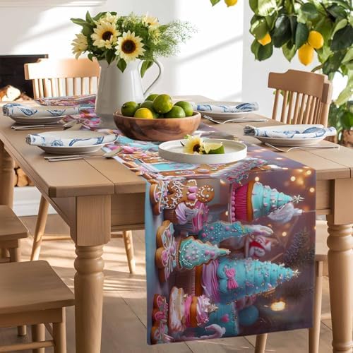 Christmas Table Runner Dresser Scarf 13 x 60 Inch Gingerbread House Gingerbread Man Cake Candy Table Runners Non-Slip Heat Resistant Kitchen Dining Table Decor for Home Holidays Indoor Outdoor