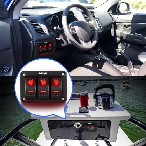 Nilight - 90019C 3 Gang Aluminum Rocker Switch Panel Toggle Dash 5 Pin ON/Off Pre-Wired Rocker Switch Red Backlit Switch for Automotive Car Marine Boat RV,2 Years Warranty