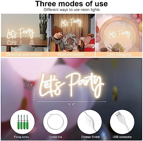 Lets Party Neon Sign with Dimmable for All Partys,17x7.5inch, Neon Lights for Wall Decor, Birthday, Wedding, Bachelorette Party, Valentine's Day Gifts Let's Party Neon Lights with 5V USB Cable, Warm White Cheers Sign