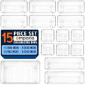 Drawer Organizer Set - Includes 1-piece 9x6 bins, 2-piece 9x3 bins, 6-piece 6x3 Bins, 6-piece 3x3 Bins, Stackable 4 Size Storage Trays for Makeup, Kitchen, and Office,15 Pack