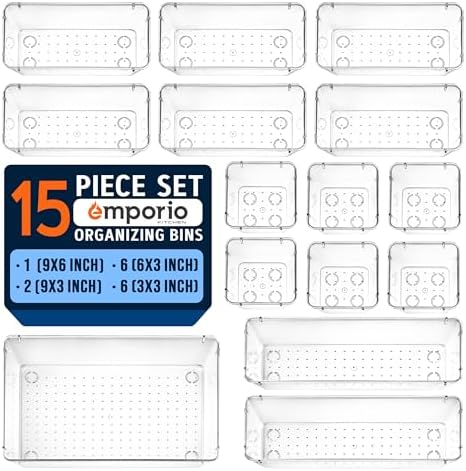 Drawer Organizer Set - Includes 1-piece 9x6 bins, 2-piece 9x3 bins, 6-piece 6x3 Bins, 6-piece 3x3 Bins, Stackable 4 Size Storage Trays for Makeup, Kitchen, and Office,15 Pack