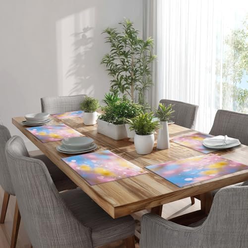 Batmerry Pastel Rainbow Linen Placemats Set of 6, Glitter Stars Marble Galaxy Clouds Washable Table Mats for Kitchen Table Thickened Heat Insulation Dining Set Indoor Outdoor 12X18 in