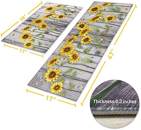 Wood Grain Sunflower Kitchen Rugs and Mats for Floor 2 Piece Sets, Sunflower Kitchen Mat and Gray Wood Grain Floor Rug for in Front of Sink for Standing for Kitchen Decor 17"X30"+17"X47"