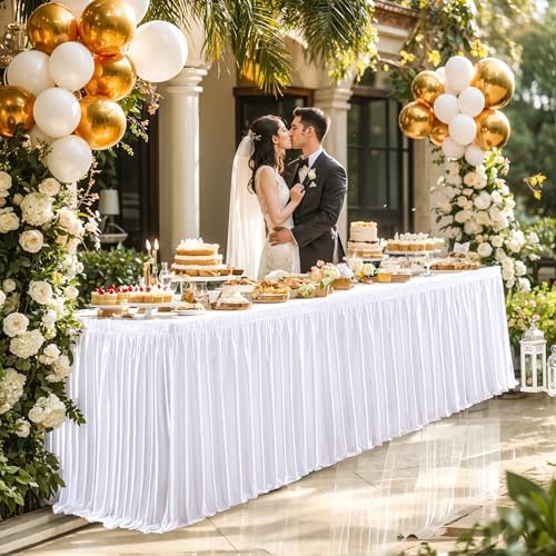 Wish Care 21ft White Satin Long Table Skirt for Rectangle Tables Wrinkle Free Teacher Desk Skirt Glitter Ruffle Table Skirting Cloth for Office Wedding Birthday Baby Shower Party Banquet Table Decor