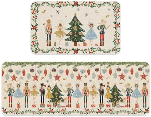 JarThenaAMCS Christmas Nutcracker Kitchen Mat Set of 2 Watercolor Nutcracker Kitchen Floor Mats Xmas Cartoon Non-Slip Door Rugs for Party Home Entrance, 17 x 29 Inch & 17 x 47 Inch