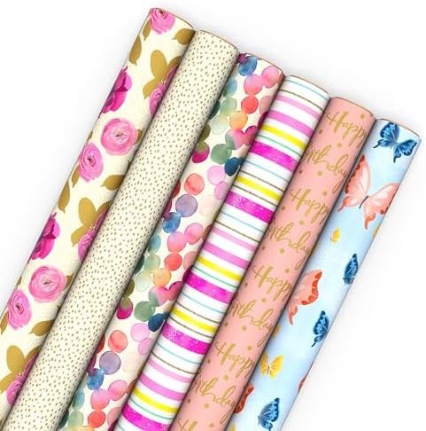 Hallmark Pretty Wrapping Paper with Cutlines on Reverse (6 Rolls: 180 Square Feet Total) Flowers, Butterflies, Stripes, Dots for Birthdays, Mother's Day, Valentine's Day