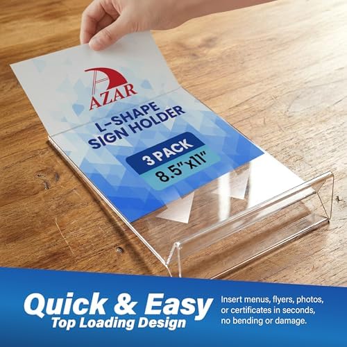 Azar Displays 142430-3PK Top Load Sign Holder 8.5x11 – Clear Flexible Plastic Display Stand for Menus, Signs – Vertical Tabletop Frame, Pack of 3