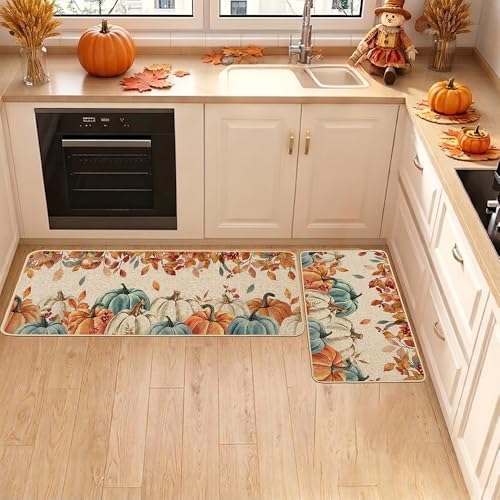 Baccessor Fall Kitchen Rugs Set of 2, Blue Pumpkin Leaves Kitchen Mats for Floor Washable Low-Profile Farmhouse Autumn Holiday Home Indoor Outdoor Decor 17x29 and 17x47 Inch