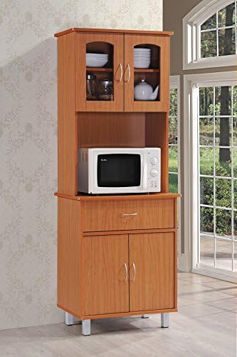 HODEDAH IMPORT Long Standing Kitchen Cabinet with Top & Bottom Enclosed Cabinet Space, One Drawer, Large Open Space for Microwave, Cherry