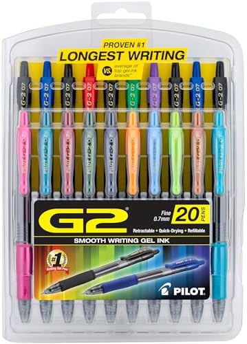 PILOT G2 Premium Refillable & Retractable Rolling Ball Gel Pens, Fine Point, Assorted Color Inks, 20-Pack (31294)