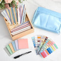 Trandraft 135 Pcs Book Annotation Kit with Pencil Case, 12 Pastel Highlighters, 11 Gel Pens, Fine Marker, 300 Transparent Sticky Notes, 2640 Index Tabs, Bible Study Supplies Kit(Kawaii,Blue)
