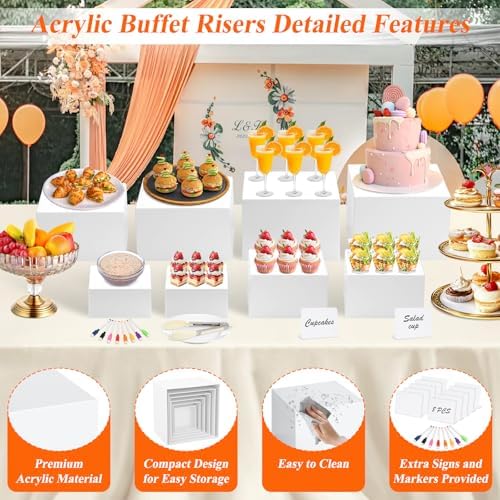 8 Pcs White Buffet Risers with Mini Table Sign, Serving Tongs, Acrylic Food Risers for Buffet Table Display Stand Shelf for Party Catering Dessert Jewelry Collectibles (Size 9" 8" 7" 6" 5" 5" 4" 4")