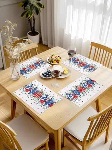4th of July Placemats Set of 4, Patriotic Memorial Day Heat Resistant Washable Dining Table Mats Holiday Farmhouse Decor for Kitchen&Table Linens Outdoor Indoor, American Stars Summer Poppy Eucalyptus