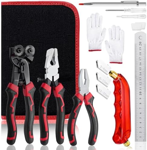YOTINO Glass Cutters Tools 20PCS Glass Nippers Glass Running Pliers Breaking Pliers Oil Feed Glass Cutter Set for Stained Glass, Tiles, Mosaic Cutting with Cut Resistant Gloves Leather Zipper Bag