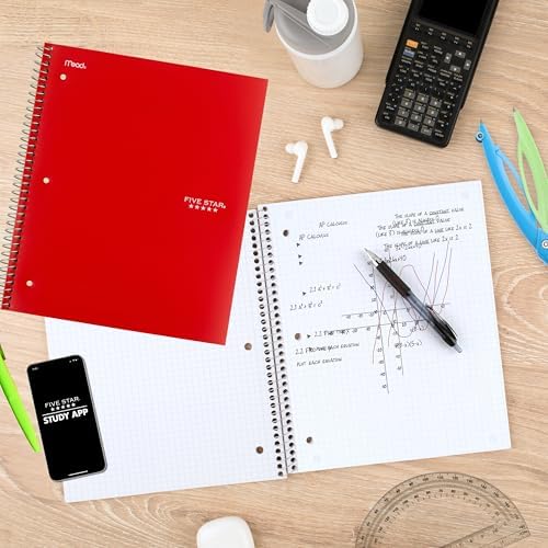 Five Star Spiral Notebook + Study App, 1 Subject, Graph Ruled Paper, 8.5" x 11", 100 Sheets, Assorted Colors, 6 Pack (73549)