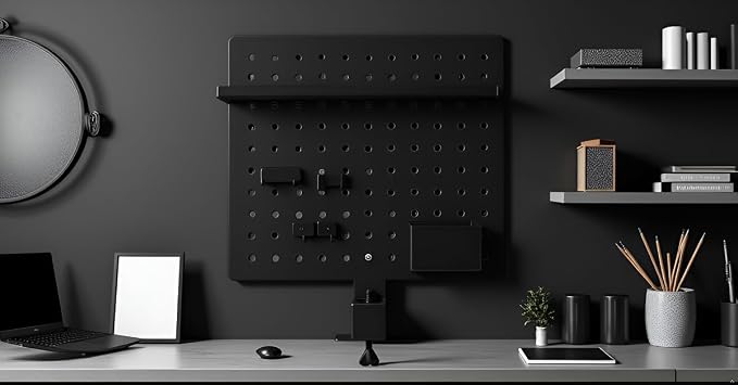 Steel Metal Clamp-on Desk Pegboard 16 x 16 Inch Privacy Panel, 360 Degree Rotation, Desktop Organizer, Black Desk Organizer Office Desk Accessories Peg Board with Hooks Office Organization Decor