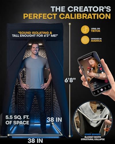Portable Vocal Booth for Recording, Portable Recording Booth for Home Studio, Acoustic Treatment to Reduce Echo, Sound Isolation Booth, 5-Min Assembly w/Travel Bag, Lights, Phone Holder (2026 Update)