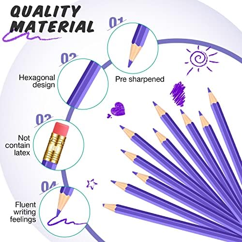 Tatuo 60 Pcs Pencils Pre Sharpened Checking Pencils with Eraser Erasable Colored Pen for Map Coloring Tests Sketch School Office Editing Kids Adults Favors Grading(Purple)