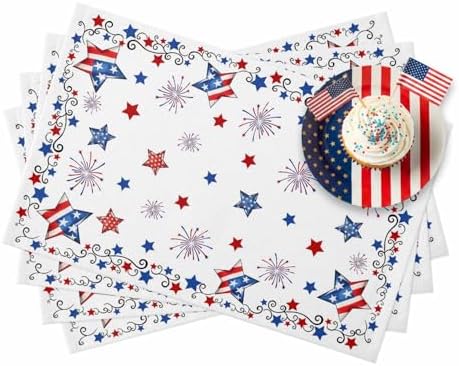 4th of July Placemats Set of 6, Patriotic Stars Fireworks Heat Resistant Washable Dining Table Mats Summer Farmhouse Decor for Kitchen&Table Linens Outdoor Indoor, Red White and Blue American Flag
