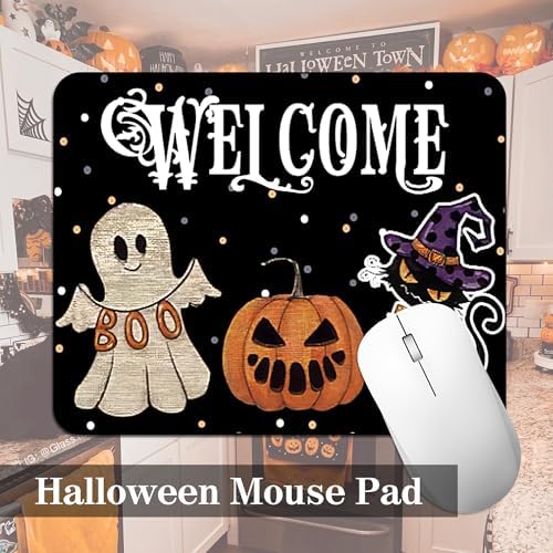 Kitchen Rugs Mat 2 PCS Christmas Halloween Kitchen Rugs Non Slip Washable with 1 PCS Mouse Pad Home Rug Sets Decorations, Ghost Black Cat