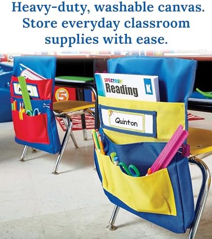 Carson Dellosa Chair Pockets for Classroom, Yellow & Blue, 6-Pack | Durable 15x19" Chairback Buddy for Classroom Supplies, Desk Buddy Pocket Organizer with Name Tag, Back of Chair Storage