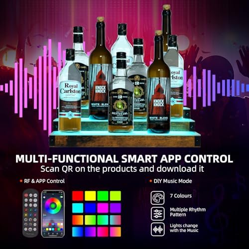 2-Pack 16‘’ LED Lighted Liquor Display, 3-Tier 32Inch Total Bar Shelves for Liquor Bottle, Illuminated Home Bar Shelf with RF & App Control, 7 Colors, Music Sync& 1-4H Timming, Light-Up Whiskey Rack
