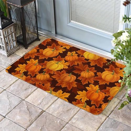 Fall Door Mat Orange Harvest Pumpkin Doormat Autumn Maple Leaf Harvest Thanksgiving Welcome Mat Non Slip Rubber Entryway Front Rug Floor Mat for Indoor Outdoor Kitchen Autumn Holiday Home Decor 16x24
