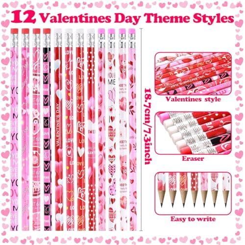 240 Pcs Valentine Pencils Bulk with Erasers, 12 Unique Heart Themed Design for Valentine Goodies Prize Gift Favor Party Supplies