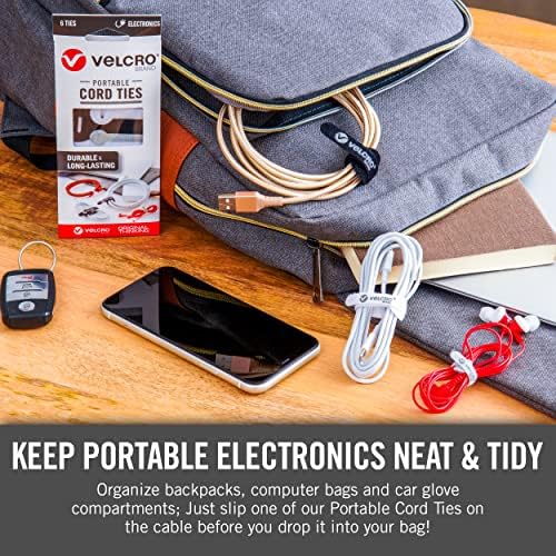 VELCRO Brand Portable Cord Organizer Ties | Organize Headphone Wires, Charging Cables, Power Cords on the Go | 3 Sizes and Colors, 6 pcs, 6pk Cord Ties