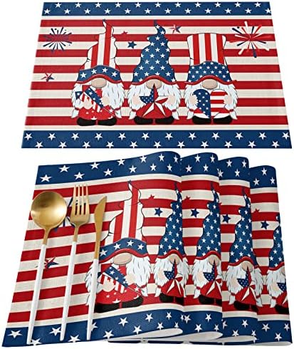 4th of July Patriotic Placemats Set of 6-Stripes and Stars American Flag Gnomes Heat Resistant Placemat Washable Cotton Linen Table Mats Memorial Day Party Holiday Decorations for Kitchen Dining Table