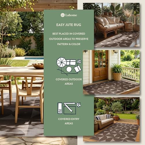 Lahome Tan Outdoor Rug 5x7, Semi Circle Easy Jute Indoor Outdoor Patio Rug