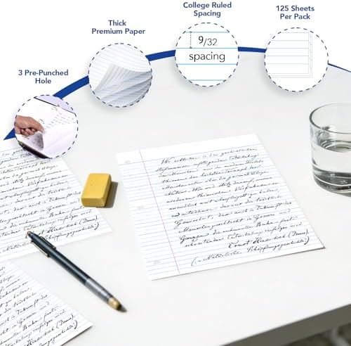 Kaisa Filler Paper Notebook Paper College Ruled 8"x10.5" Loose Leaf Paper for 3-Ring Binders 1800 Sheet/pack,12pack (Total 1800 Sheets)