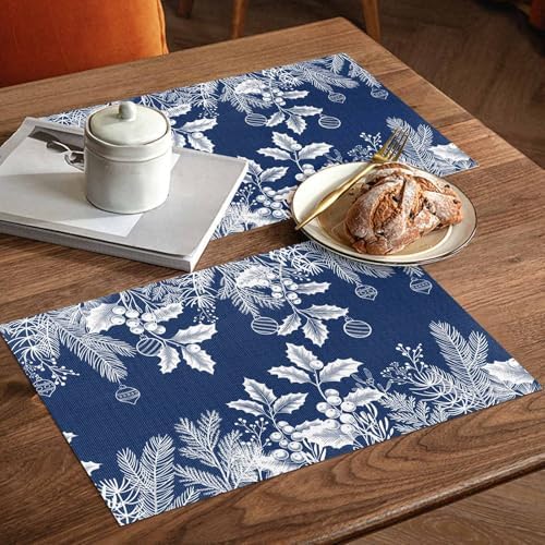 Blue Christmas Placemats Set of 4, Floral Pine Leaf Xmas Balls Heat Resistant Washable Table Place Mats White Winter Holidays Cotton Table Linens Party Holiday Decor for Kitchen Dining Outdoor Indoor