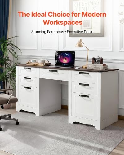 VEVOR 60" Executive Desk with Drawers, Farmhouse Home Office Desk with Charge Station, Keyboard Tray, File Storage Cabinet, 200 LBS Load Capacity Wood Table, Easy Assembly, for Work Study, Walnut