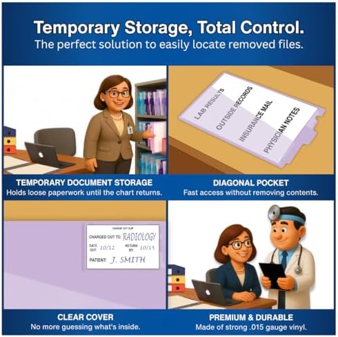 Doctor Stuff - Center Tab Vinyl Outguides, Diagonal Cut Front Pocket, Top Charge Out Slip Pocket, Plastic File Folder, Letter Size 9" x 13-1/4", Lavender, 25/Box
