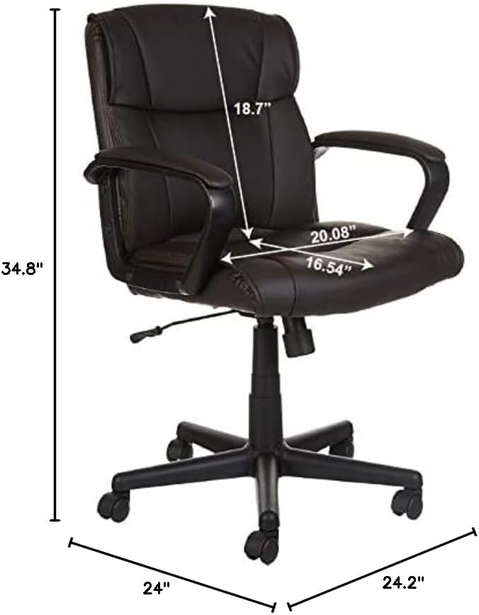 Amazon Basics Office Task Chair with Adjustable Height, 360° Swivel, Padded Armrests, Mid-Back, Rolling, 275 Pound Capacity, 24"D x 24.2"W x 34.8"H, BIFMA Certified, Dark Brown Faux Leather