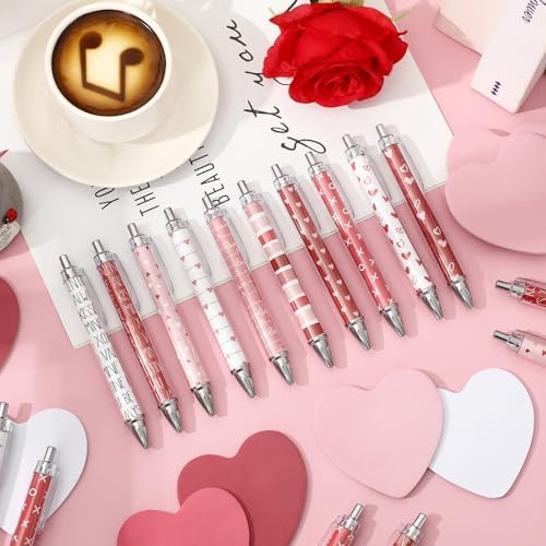 JarThenaAMCS 60Pcs Valentine's Day Sticky Notes with Ballpoint Writing Pens Pink Red White Heart Stationery Set Appreciation Gifts for Students Home Office Classroom Party Favors