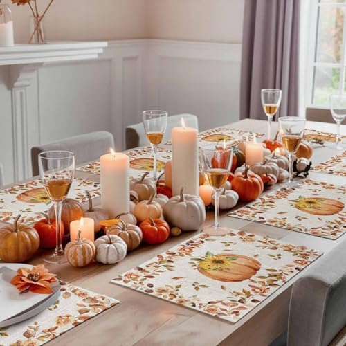 Boho Fall Placemats Set of 4, Thanksgiving Watercolor Pumpkins Heat Resistant Washable Table Place Mats Sunflowers Eucalyptus Table Linens Party Holiday Decor for Home Kitchen Dining Outdoor Indoor,
