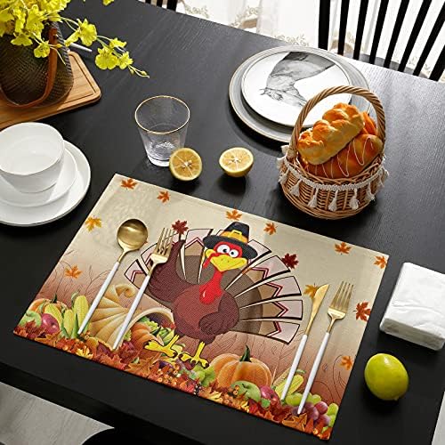 Vandarllin Thanksgiving Turkey Placemats Set of 6, Fall Leaf Autumn Harvest Pumpkin Cotton Linen Stain Resistant Table Mats Washable Placemat Decoration for Kitchen Dining Table,Yellow