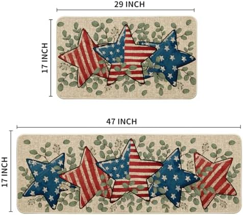 Artoid Mode American Flag Stars Eucalyptus Patriotic 4th of July Kitchen Mats Set of 2, Memorial Day Home Decor Kitchen Rugs for Floor - 17x29 and 17x47 Inch