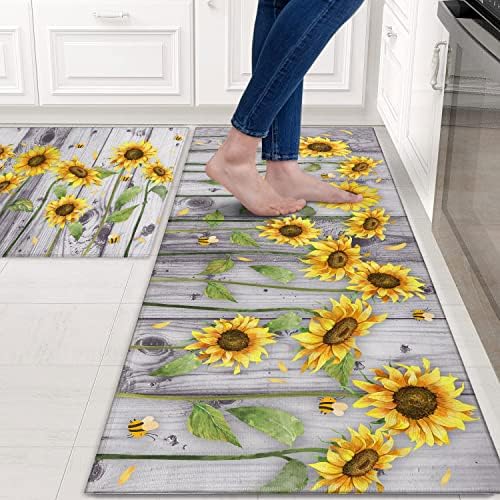 Wood Grain Sunflower Kitchen Rugs and Mats for Floor 2 Piece Sets, Sunflower Kitchen Mat and Gray Wood Grain Floor Rug for in Front of Sink for Standing for Kitchen Decor 17"X30"+17"X47"