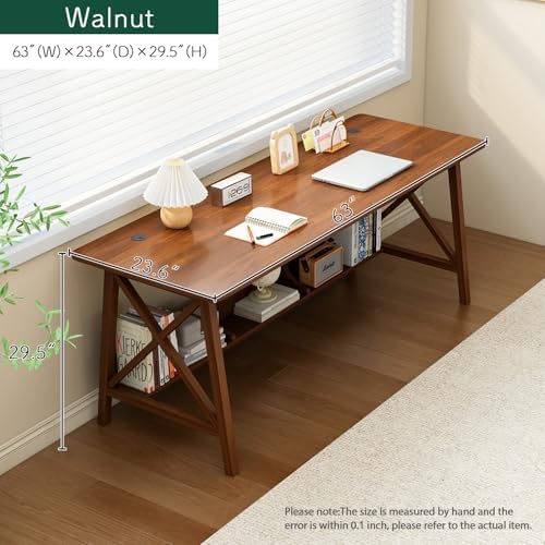 NELYE Extra Long Writing Desk with Bookshelf, 63" Wx24 Dx30 H, Walnut