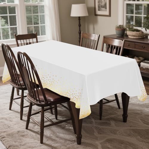 CXPSINC 54 Inch X 300 Feet Plastic Table Cover Roll Disposable Tablecloth with Slide Cutter for All Type/Shape Tables | Party, Banquet, Birthdays, Weddings(White & Gold Dot, 300 Feet)