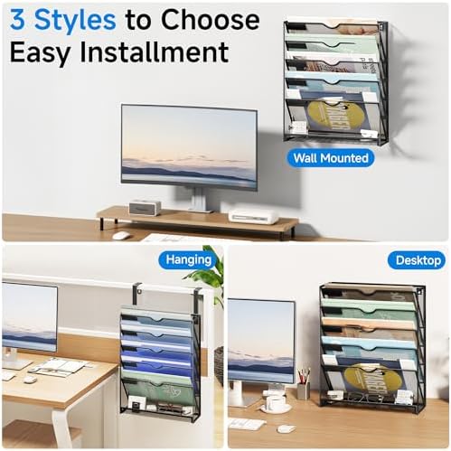 Lavatino 6-Tier Mesh Hanging Wall File Organizer with Hooks – No Installation Needed, Paper Mail Organizer Wall-Mounted File & Magazine folder Holder for Office and Home (Black)
