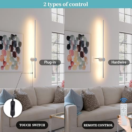 KELUOLY Dimmable Plug in Wall Sconce Set of 2, Chrome 39.37" LED Wall Light with Remote, Adjustable Color Temperature Brightness Wall lamp with Timer for Living Room,Bedroom and Accent Lighting