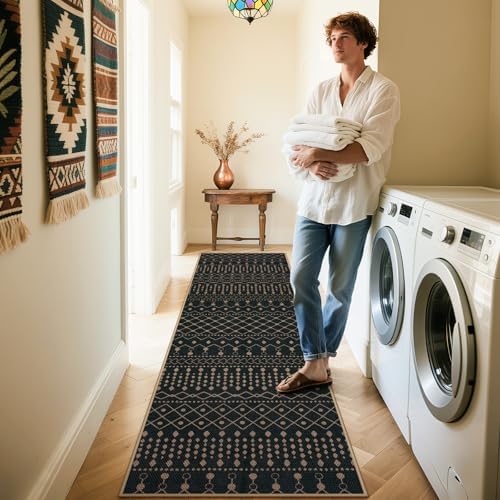 Lahome Moroccan Easy Jute Washable Runner Rug, 2x8 Black Kitchen Runner