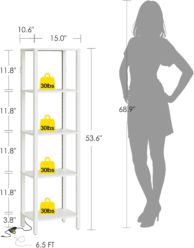 Open Book Shelf with LED Lights, 5 Tier Tall Bookshelf, Freestanding Shelf Narrow Bookcase with Open Shelves, 14.96" x 10.63" x 53.54", Book Shelves for Living Room, Office, Study, White